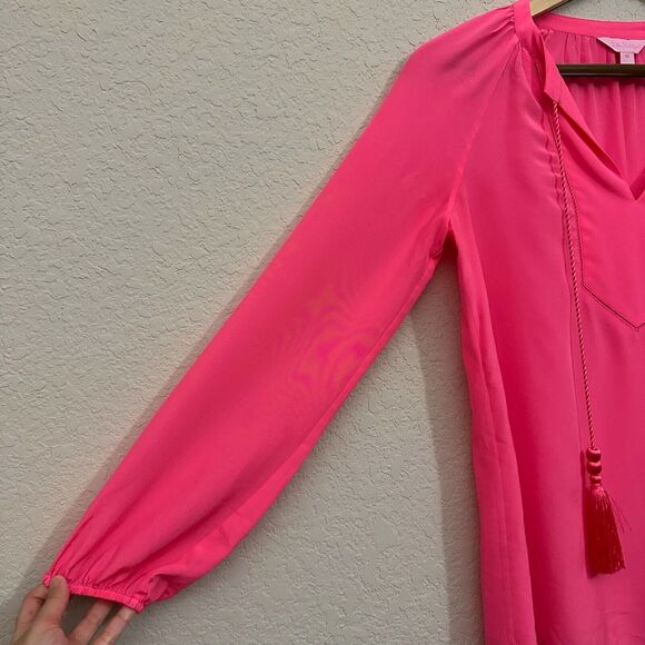 LILLY PULITZER Saria Top Blouse Pink Silk Satin Puff Sleeve Tasseled - Picture 6 of 13